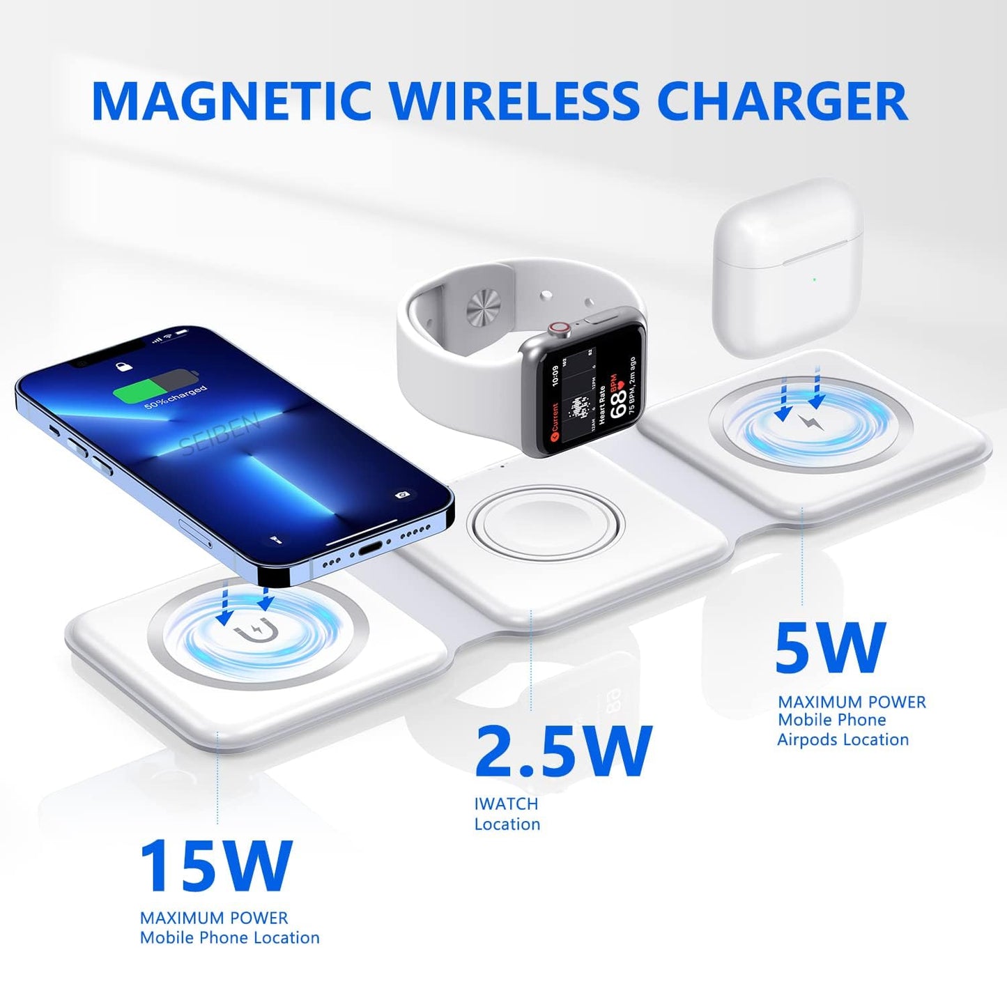 3 in 1 Magnetic Foldable MagSafe Compatible Wireless Charger for iPhone 16-12 Series | AirPods 2, 3, Pro, Pro2 | Compatible with only Apple Watch Series | 23W Charging | Wireless Charger - Pearl White