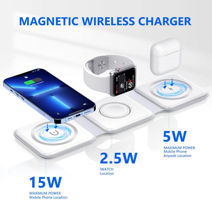 3 in 1 Magnetic Foldable MagSafe Compatible Wireless Charger for iPhone 16-12 Series | AirPods 2, 3, Pro, Pro2 | Compatible with only Apple Watch Series | 23W Charging | Wireless Charger - Pearl White